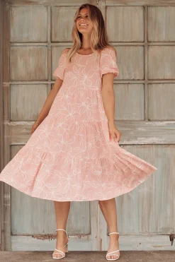 Fashion Nevi Tiered Midi Dress In Pink Floral Dresses|Casual