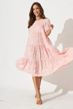 Fashion Nevi Tiered Midi Dress In Pink Floral Dresses|Casual