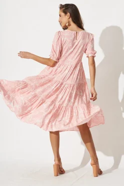Fashion Nevi Tiered Midi Dress In Pink Floral Dresses|Casual