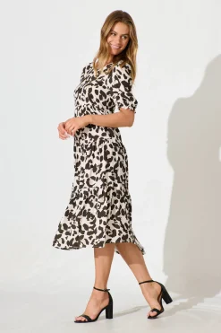 Clearance Nevi Tiered Midi Dress In Brown Leopard Print Dresses|Casual