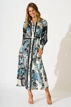 Fashion Newman Maxi Shirt Dress in Black and Blue Floral Dresses|Party