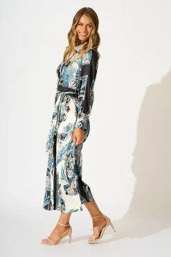 Fashion Newman Maxi Shirt Dress in Black and Blue Floral Dresses|Party