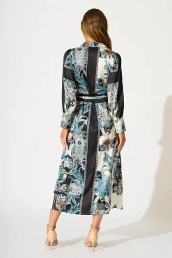 Fashion Newman Maxi Shirt Dress in Black and Blue Floral Dresses|Party