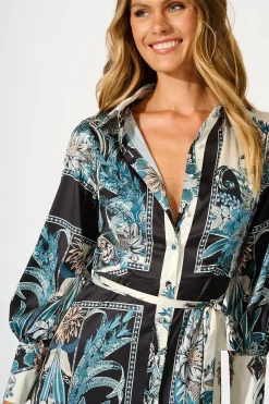 Fashion Newman Maxi Shirt Dress in Black and Blue Floral Dresses|Party
