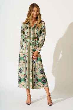 Sale Newman Maxi Shirt Dress in Multi Green Print Satin Dresses|Party