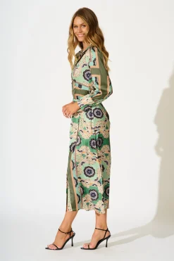 Sale Newman Maxi Shirt Dress in Multi Green Print Satin Dresses|Party