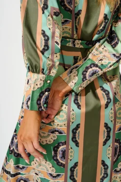 Sale Newman Maxi Shirt Dress in Multi Green Print Satin Dresses|Party