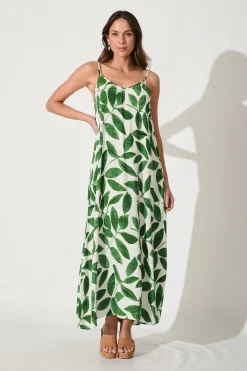 New No Scrubs Maxi Dress In Cream With Green Leaf Print Dresses|Casual
