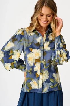 Hot Nolita Shirt in Multi Blue Floral Print Satin Tops|Party & Occasion