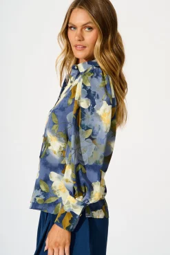 Hot Nolita Shirt in Multi Blue Floral Print Satin Tops|Party & Occasion