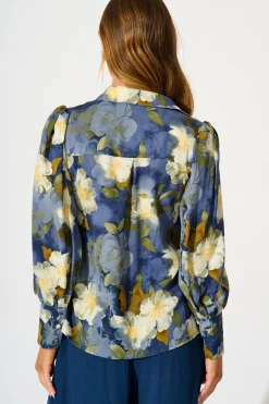 Hot Nolita Shirt in Multi Blue Floral Print Satin Tops|Party & Occasion