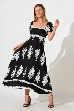 New Norvi Maxi Dress in Black with White Print Dresses|Casual