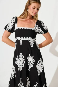 New Norvi Maxi Dress in Black with White Print Dresses|Casual