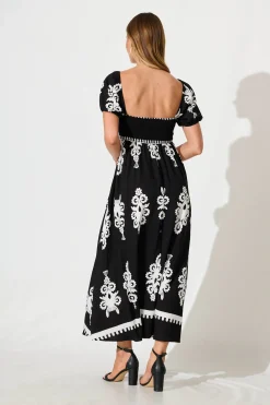 New Norvi Maxi Dress in Black with White Print Dresses|Casual