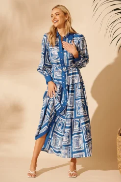 Discount Nouveau Maxi Shirt Dress in Blue with White Stamp Print Dresses|Casual