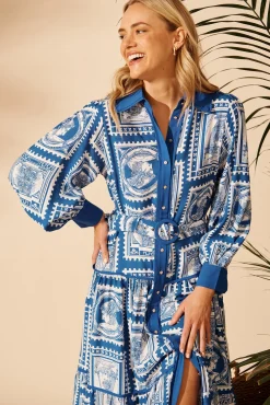 Discount Nouveau Maxi Shirt Dress in Blue with White Stamp Print Dresses|Casual