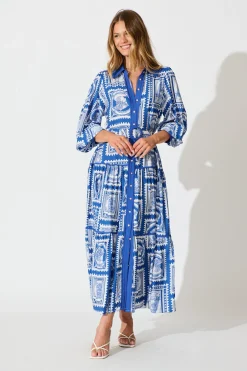 Discount Nouveau Maxi Shirt Dress in Blue with White Stamp Print Dresses|Casual