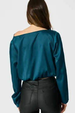Clearance Nova Nights Top in Teal Satin Tops|Party & Occasion