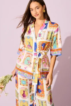 Discount Oasis Shirt in Cream with Multi Conversational Print Tops|Party & Occasion