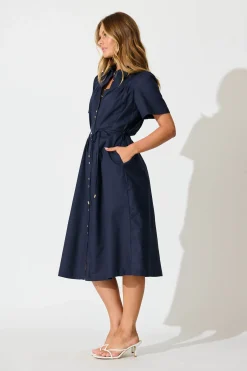 Sale Oatland Midi Shirt Dress In Navy Cotton Linen Dresses|Casual