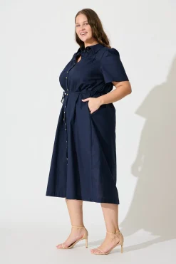 Sale Oatland Midi Shirt Dress In Navy Cotton Linen Dresses|Casual
