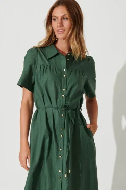 New Oatland Midi Shirt Dress In Green Cotton Linen Dresses|Casual