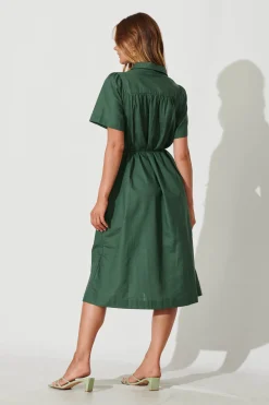 New Oatland Midi Shirt Dress In Green Cotton Linen Dresses|Casual