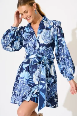 Hot Ocean Serenade Shirt Dress in Navy with Blue Floral Linen Blend Engagement Party