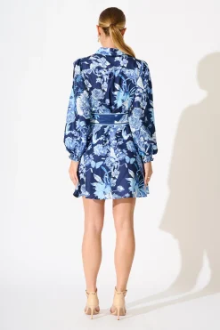 Hot Ocean Serenade Shirt Dress in Navy with Blue Floral Linen Blend Engagement Party
