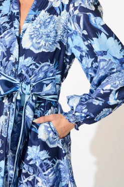 Hot Ocean Serenade Shirt Dress in Navy with Blue Floral Linen Blend Engagement Party