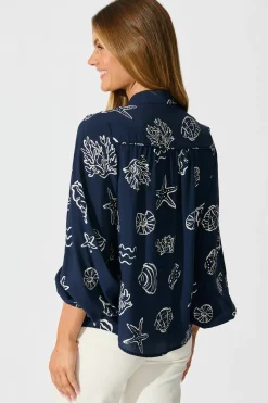 Sale Oceans Embrace Top in Navy with White Shell Print Tops|Casual