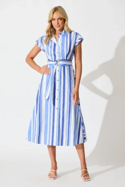 Online Olvera Midi Shirt Dress in Blue Stripe Cotton Dresses|Casual
