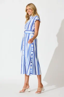 Online Olvera Midi Shirt Dress in Blue Stripe Cotton Dresses|Casual