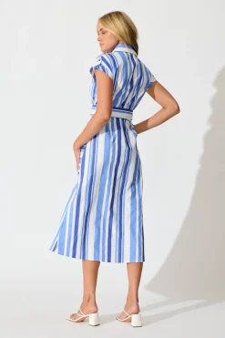 Online Olvera Midi Shirt Dress in Blue Stripe Cotton Dresses|Casual