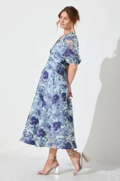 Sale Opulence Midi Dress In Blue Floral Organza Jacquard Dresses|Formal