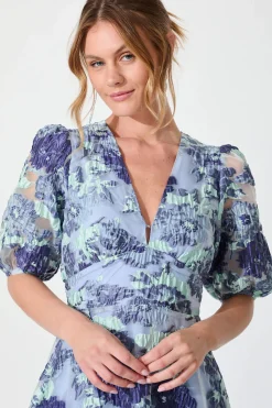 Sale Opulence Midi Dress In Blue Floral Organza Jacquard Dresses|Formal