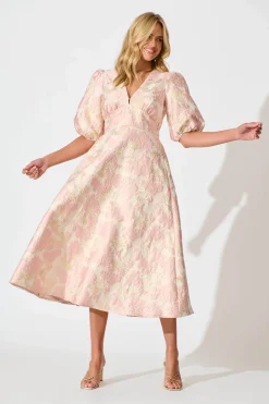Sale Opulence Midi Dress in Blush with Gold Jacquard Dresses|Party