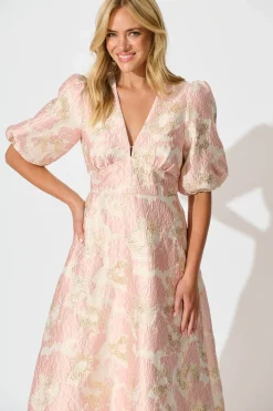 Sale Opulence Midi Dress in Blush with Gold Jacquard Dresses|Party