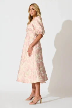 Sale Opulence Midi Dress in Blush with Gold Jacquard Dresses|Party