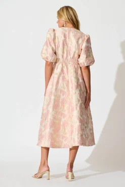 Sale Opulence Midi Dress in Blush with Gold Jacquard Dresses|Party