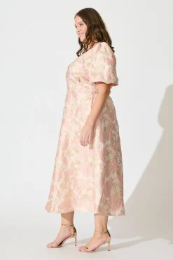 Sale Opulence Midi Dress in Blush with Gold Jacquard Dresses|Party