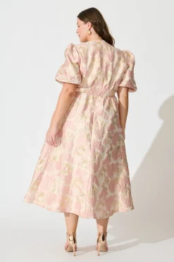 Sale Opulence Midi Dress in Blush with Gold Jacquard Dresses|Party