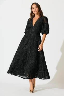 Online Opulence Midi Dress In Black Floral Organza Jacquard Dresses|Formal