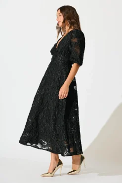 Online Opulence Midi Dress In Black Floral Organza Jacquard Dresses|Formal
