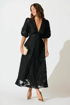 Online Opulence Midi Dress In Black Floral Organza Jacquard Dresses|Formal