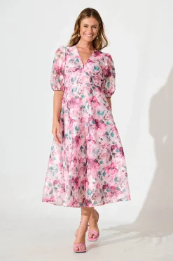 Best Opulence Midi Dress in Multi Pink Floral Organza Dresses|Formal