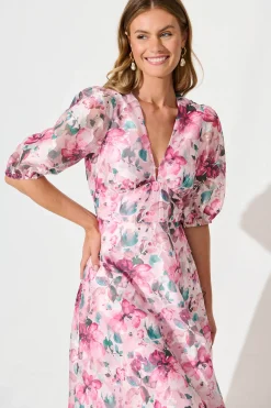 Best Opulence Midi Dress in Multi Pink Floral Organza Dresses|Formal