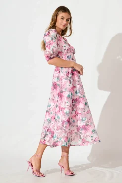 Best Opulence Midi Dress in Multi Pink Floral Organza Dresses|Formal