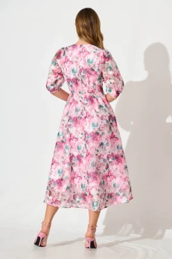 Best Opulence Midi Dress in Multi Pink Floral Organza Dresses|Formal