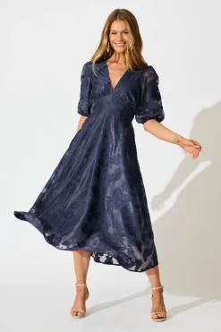 New Opulence Midi Dress in Navy Floral Organza Dresses|Party